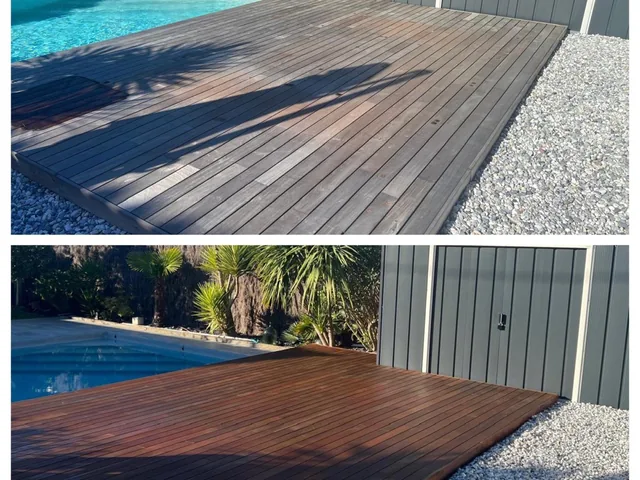 Plage de piscine en bois dégrisée et débarrassée des algues vertes